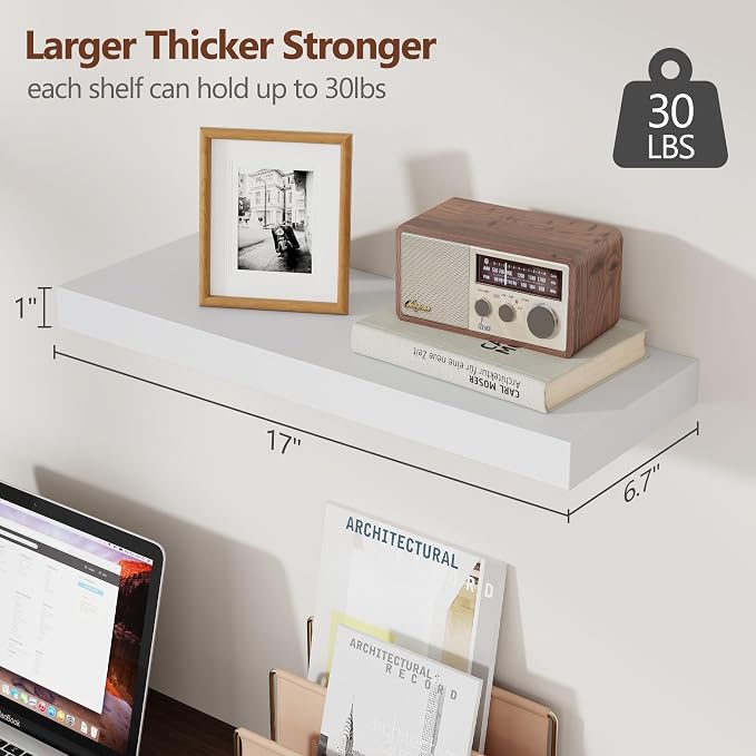 fuqing Floating Shelves for Wall - White Wood Wall Shelves Set of 3 - Modern Style Wooden Shelves for Room Decor & Storage