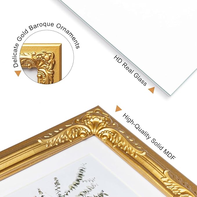 6x8 Gold Picture Frame with Baroque Flower Trim, Solid Wood with Real Glass, Display 6x8 Photos Matted to 4x6, Vertical and Horizontal Desk Tabletop or Wall Hanging，Ornate Vintage Style