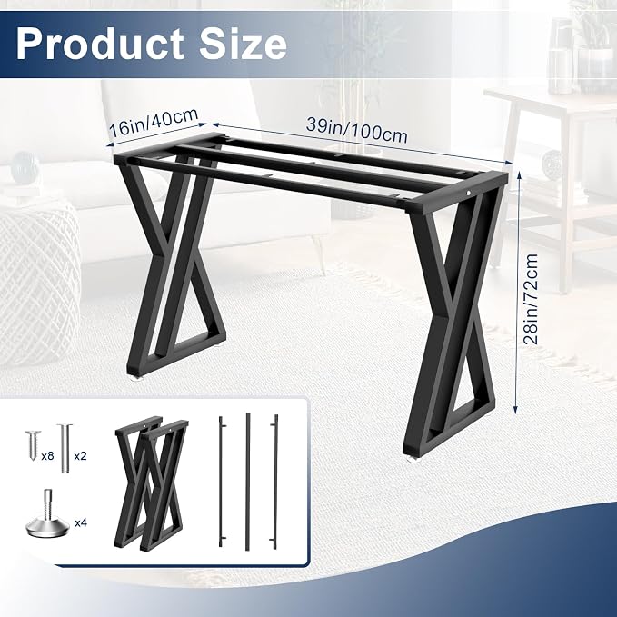 Metal Table Legs 28 inch High, Dining Table Legs with Crossbeams, Heavy Duty Industrial Desk Legs, Modern DIY Desk Legs Suitable for Office, Study, Restaurant, Coffee （BALCK, 39 X 16 X 28 IN)