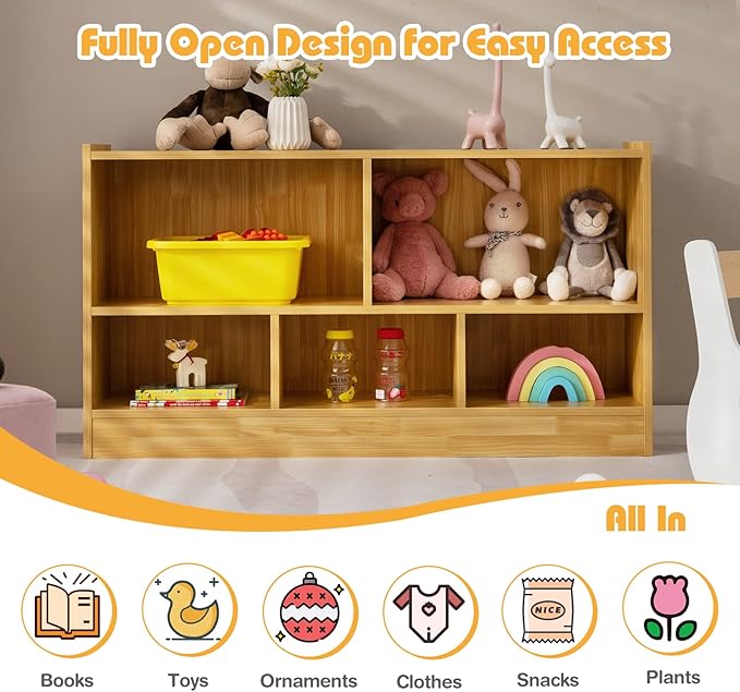 KOTEK Toy Storage Organizer, 5 Cubby Kids Bookshelf, Wooden 3-Tier Bookcase Storage Cabinet, Open Display Book Shelf for Daycare, Nursery, School Classroom, Playroom & Living Room (Burlywood, 5 Cubes)