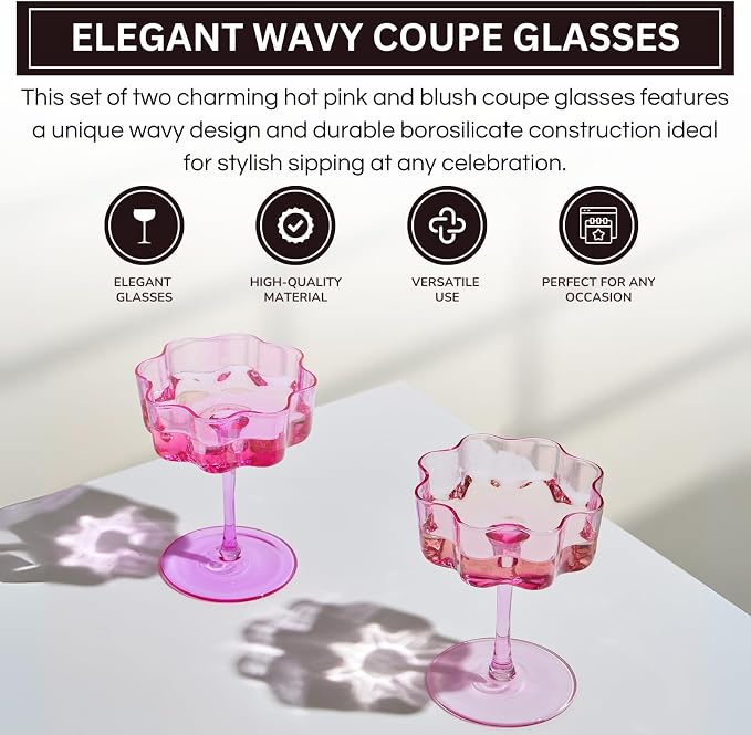 Flower Scalloped Vintage Wavy Petals Wave Glass Coupes 7oz Colorful Martini, Champagne & Cocktails, 2 Pink & Blush Set Amber Rippled Champagne Glasses, Elegant Bar Glassware, Aesthetic Coupe Glassware