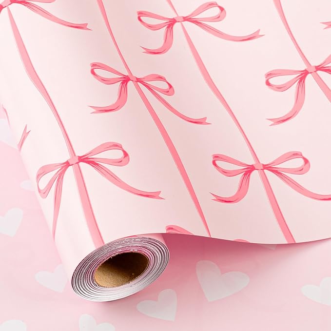 Burymento Pink Bow Wrapping Paper, Reversible Pink Love Design Gift Wrap for Baby Shower, Birthday, Valentines, Mothers day, Graduation, Wedding, Fathers day, Christmas (17 Inch X 32.8 Feet)