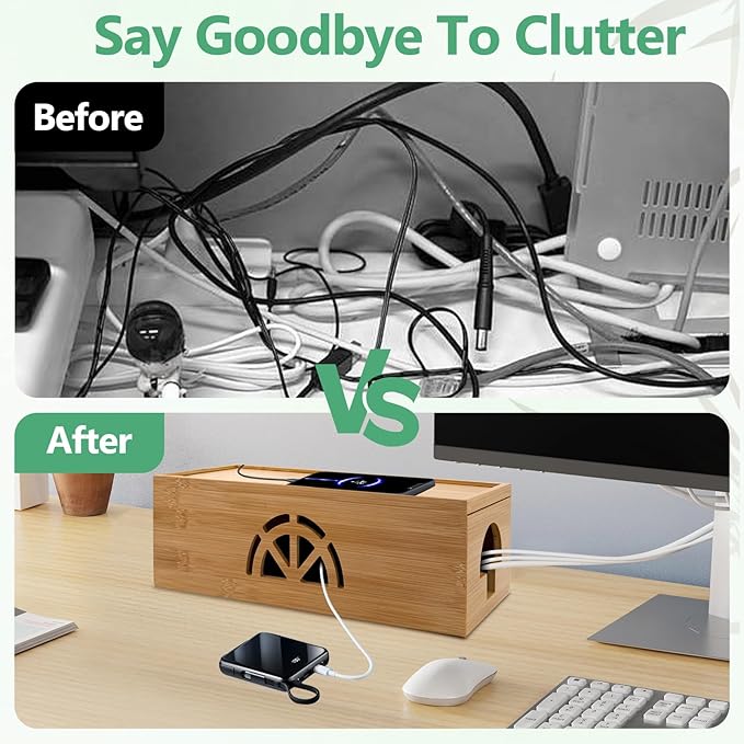 Bamboo Cable Management Box,Extra Large Cord Organizer Box,Power Strips Hider,Plug Strip Cord Box,Outlet Holder,Cords Concealer,Wires Covers,Desk & Floor Tidy Solution (Sliding lid)