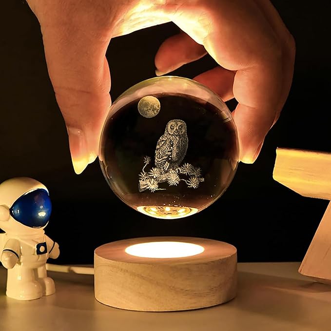 3D Laser Etched Owl Crystal Ball with LED Stand, Glass Owl Animal Figurine Lamp Night Light Gifts for Women Kids(2.4 in)