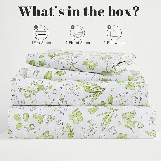 Bedlifes Twin Sheet Set Ultra Soft, Breathable, Silky Flower Deep Pocket 100% Microfiber Bedding, 3 Piece Twin Size Green Floral