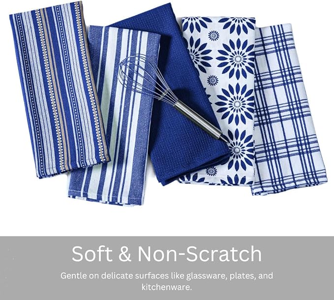 WeWove Assorted Kitchen Towels Set of 5-100% Cotton Dish Cloths Towels with Hanging Loop - Soft Absorbent Washable Reusable for Kitchen Use - Quick Drying 16x26 inch Dish Towels Blue