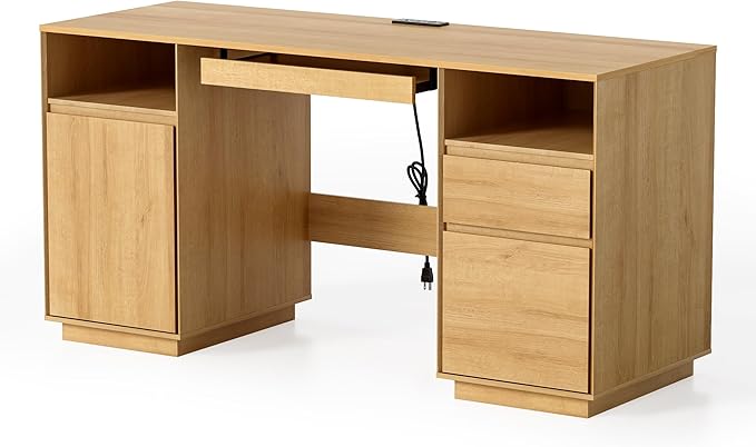 59" Executive Desk, Farmhouse Large Home Office Desk with File Drawer & Outlet & Storage Cabinet, Wood Computer Desks with Keyboard Tray, Workspace for Study Writing, Natural Oak