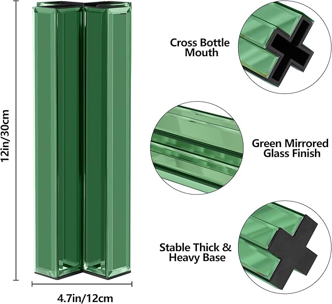 SHYFOY Green Mirrored Vase - 12 Inch Tall Cross-Shaped Decorative Glass Flower Vases for Home Decor, Living Room Table Kitchen Fireplace Decor - Can’t Hold Water