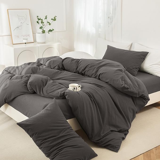 JIYUAN 100% Washed Cotton Duvet Cover Set 3 Pieces King, 1 Duvet Cover 104x90 Inches(Comforter Not Included) and 2 Pillowcases,Linen Feel Bedding Set Comfy and Breathable,Solid Dark Grey