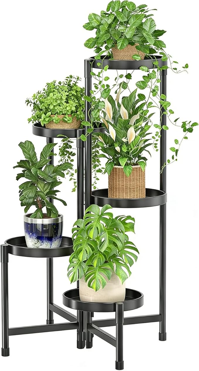 Simple Trending Plant Stand Indoor Outdoor, 5-Tiers Metal Corner Shelf, Tall Display Rack with 5 Rotating Trays, Heavy Duty Flower Holders for Patio Garden Balcony Living Room Bedroom, Black