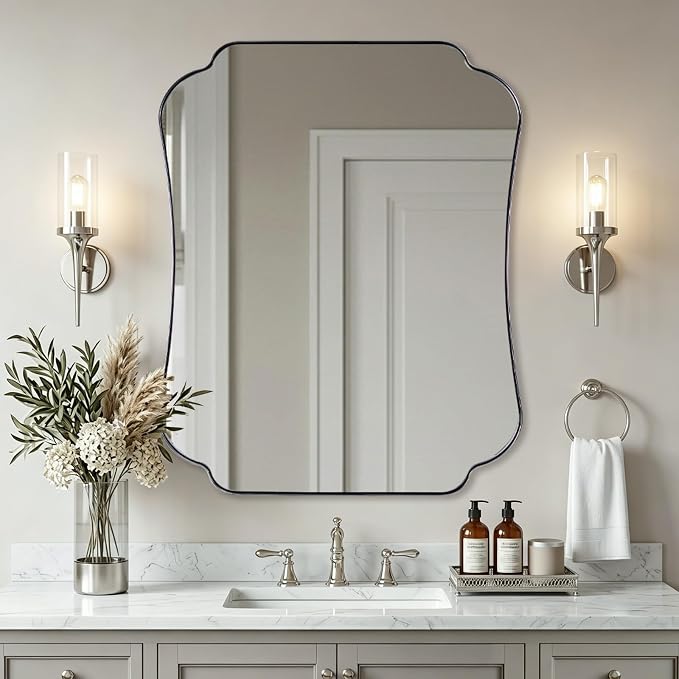 ANDY STAR Chrome Bathroom Mirror 24x30 Inches, Modern Scalloped Wall Mirror with Distinctive Notched Edge Stainless Steel Frame for Hallway, Lounge and Vanity Area