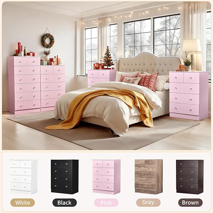 Karl home Pink 5 Drawer Dresser for Bedroom, Tall Dresser Chest of Drawers, Rustic Wood Bedroom Dressers Clothes Organizer, Anti-Tipping Device, Rose Gold Metal Handle, Living Room, Entryway, Office