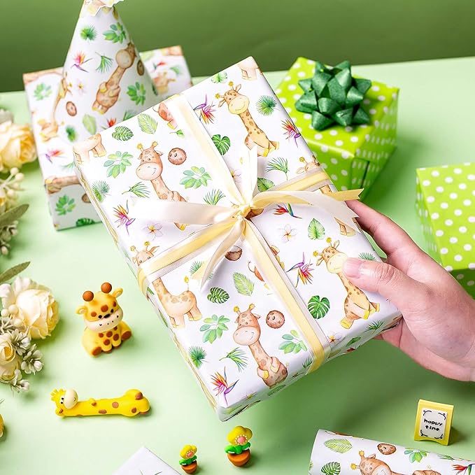 Burymento Giraffe Wrapping Paper, Reversible Dot Design Gift Wrap for Baby Shower, Birthday, Valentines, Mothers day, Graduation, Wedding, Fathers day, Christmas (17 Inch X 32.8 Feet)