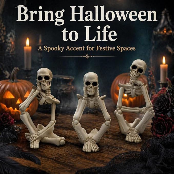 Skeleton Thinker Decor Set of 3, Resin Gothic Figurines for Home Decor, Aesthetic Skull Shelf Decor, Halloween Decorations for Home, Bookshelf & Office Accents