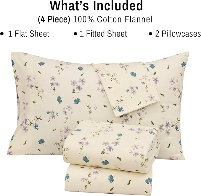 RUVANTI Flannel Sheets Queen Size - 100% Cotton Double Brushed Bed Sheets, Deep Pockets 16 Inches Queen Sheet Set, All Seasons Breathable & Extra Soft - Warm & Cozy, 4 Piece, Jasmine Stamp Cream