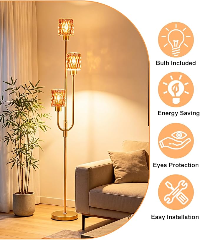 66IN Glass Floor Lamp 3-Lights Modern Gold Dimmable Floor Lamps with 3000K Warm White Bulbs for Wedding Party Modern Tall Standing Lamp with Deep Red Glass Shade for Living Room/Bedroom/Home Decor