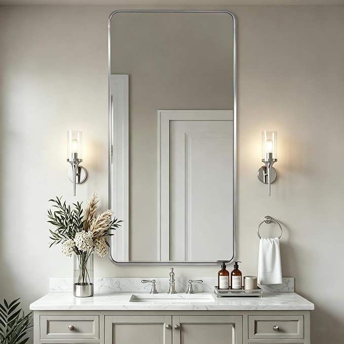 ANDY STAR 24x48'' Brushed Nickel Bathroom Vanity Mirror for Over Sinks, Rounded Rectangle Bathroom Wall Mirror in 1'' Rustproof Tube Metal Frame Mirror Decorative Wall-Mounted Horizontal/Vertical
