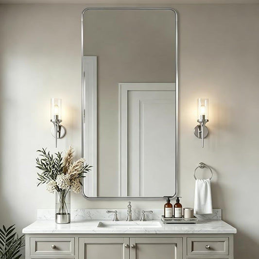 ANDY STAR 24x48'' Brushed Nickel Bathroom Vanity Mirror for Over Sinks, Rounded Rectangle Bathroom Wall Mirror in 1'' Rustproof Tube Metal Frame Mirror Decorative Wall-Mounted Horizontal/Vertical