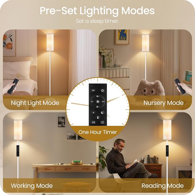 White Floor Lamps for Living Room with Remote and Foot Switch, 64.4” Modern Standing Tall Lamp, Dimmable Corner Lamp for Bedroom, Office, Bulb Included, 3000K-6500K, FCC Listed WW06LD05W1
