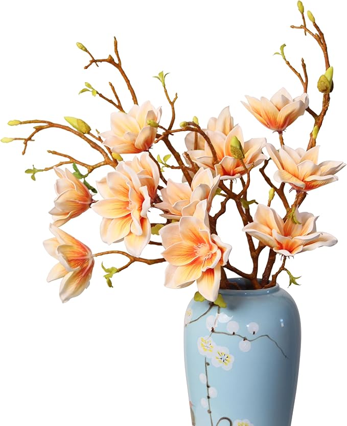 3pcs Artificial Magnolia Flower Branches, 31 Inch Long Stem Faux Floral, Premium Faux Bloom for Home Decor, Centerpieces, and Wedding Arrangements, Champagne