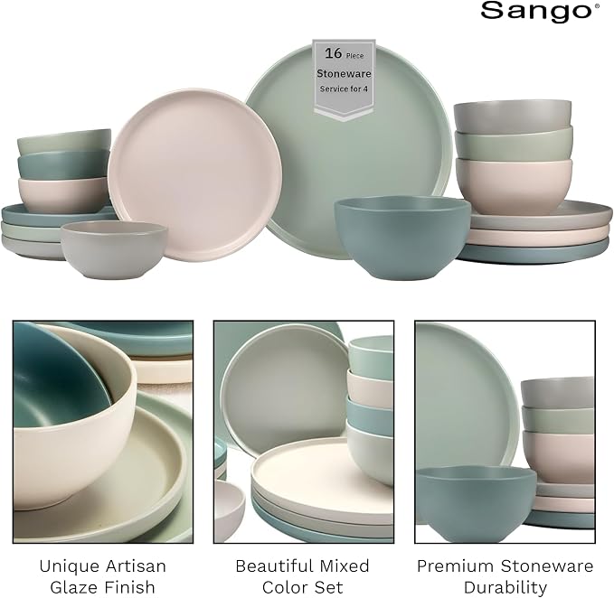 Sango 16-Piece Stoneware Dinnerware Set for 4, Satin Glazed Plates and Bowls Sets with Matte Finish, Ceramic Dish Set, Durable Kitchen Dishes, Microwave & Dishwasher Safe Dining, Rollo Artist's Blend
