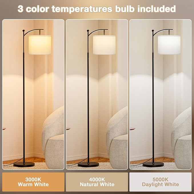 Ambimall 60" Floor Lamp with 3 Color Temperatures, Adjustable White Shade, Black Pole - Tall Lamp for Living Room, Bedroom, Office, Classroom, Dorm - 9W Bulb Included