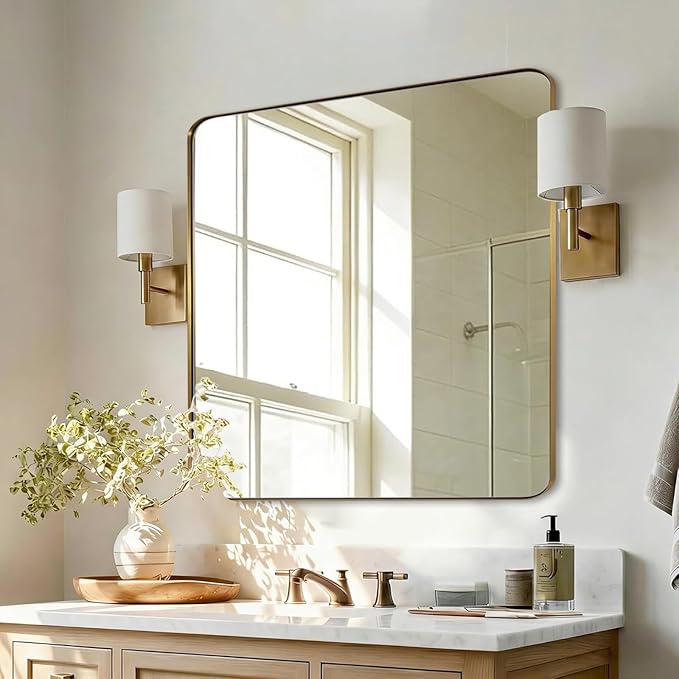 ANDY STAR Square Wall Mirror for Bathroom, 24”x24” Brushed Gold Bathroom Mirror, Rounded Corner Metal Mirror in Premium Stainless Steel Frame Hangs Horizontal Or Vertical（No Rose Gold）