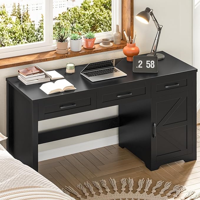 Farmhouse 59" Executive Desk,Computer Desk with 3 Drawers and Storage Cabinet,Workspace for Home Office and Study. Pure Black