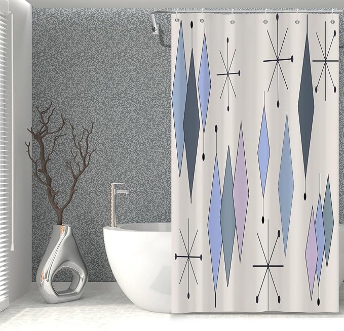 Mid Century Turquoise Shower Curtain Abstract Grey Blue Diamond Geometric Atomic Starburst Pattern Beige Backdrop for 1950s Retro Bathroom Decor Shower Curtain Set with 12 Hooks, 36x72 Inches