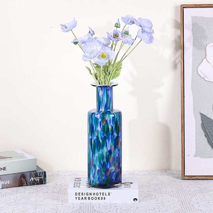 Hand Blown Glass Vase Teal Mosaic – Blue Green Art Glass Vase with Wide Mouth, Murano Style Bubble Vase, Unique Coastal Glass Decor for Dining Table, Living Room, Entryway or Beach Home Accent (Green)