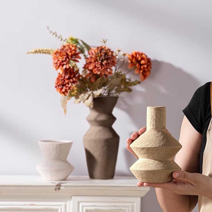 Ceramic Vase Home Table Decor - Flower Vase Set of 3 Living Room Kitchen Decorations Farmhouse Modern Rustic Vases Decorative Centerpiece for Shelf Bedroom Office Bathroom Dining Coffee Desk