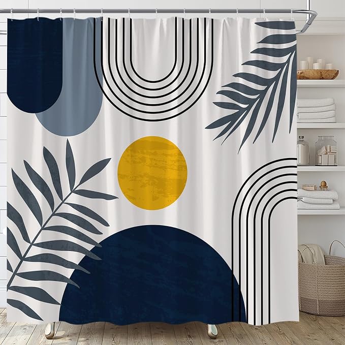Mid Century Modern Shower Curtain Boho Navy Blue Abstract Retro Aesthetic Fabric for Bathroom Decor Bathtub with Hooks (67" WX70 H)