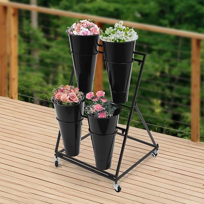 DYRABREST Flower Display Stand with Buckets, Black 3 Layers Metal Plant Stand with 4 Pieces Buckets, Moving Florist Bouquet Shelf for Fresh Flower Shop, for Patio Garden, Outdoor Flower Pop-Up Events