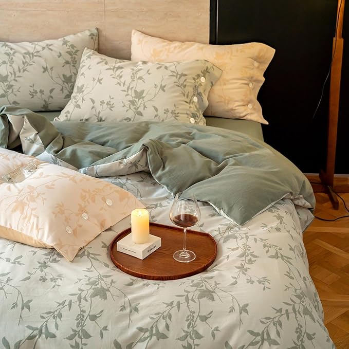 VM VOUGEMARKET Linen Cotton Duvet Cover Queen,3 Pcs Yarn-Dyed Jacquard Textured Duvet Cover with Button Closure Botanical Leaves Bedding Set-90"x90",Sage Green