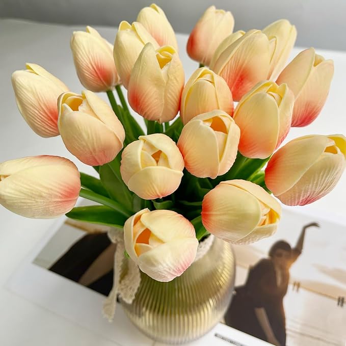 20 Pcs 13” Real Touch Champagne Pink Tulips Artificial Flowers, Latex Pu Fake Faux Lifelike Flowers with Stems, for Wedding Bouquet Christmas Home Decor