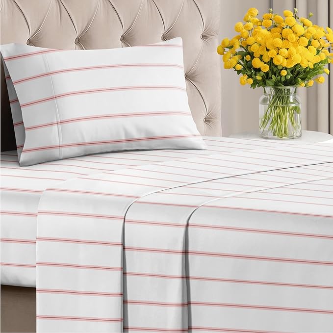 Striped Sheets - Red & White Striped Sheets - 1 Flat & 1 Fitted & 1 Pillowcase w/ Deep Pockets – Wrinkle & Fade Resistant - Soft, Breathable and Cooling – Luxury Pinstripe Bedding - Twin Size Bed Set