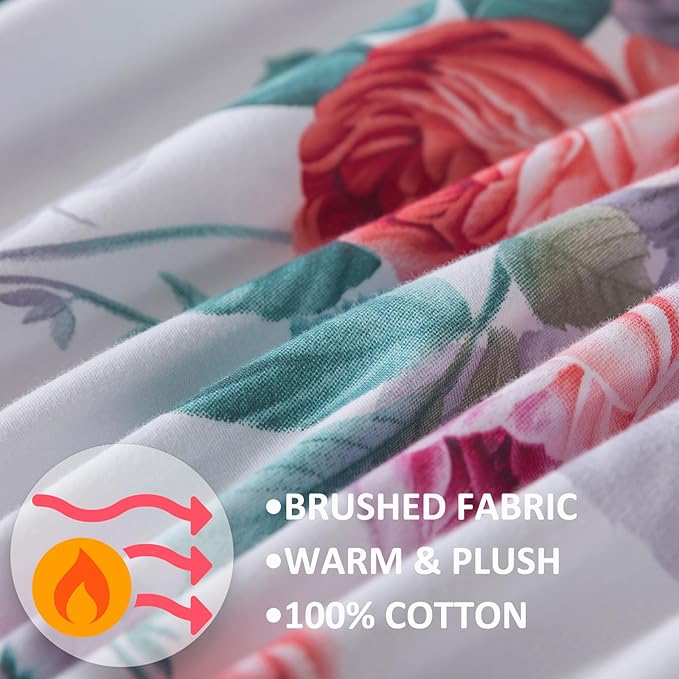FADFAY Red Vintage Peony Floral Queen Size Sheets Set 100% Brushed Cotton Shabby Purple Rose Pattern Bedding Set Deep Pocket Sheets with 2 Pillowcases Luxury Breathable Soft 4pcs, Queen Size