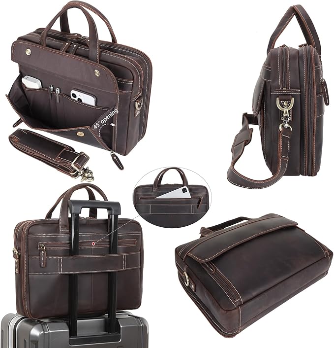 Masa Kawa Leather Briefcase for Men 15.6", 17" Laptop Computer Case Business Travel Work Messenger Cross Body Shoulder Bag