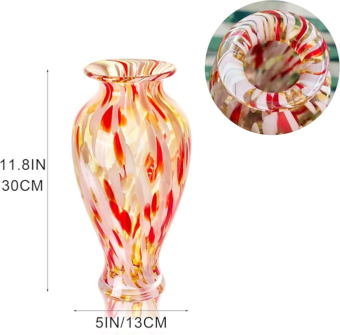 QFkris Hand Blown Glass Vase for Flowers, 12 Inch Tall Crystal Flower Vases for Bouquet Home Decor Decorative Centerpieces, Unique for Mom, Valentine's Day Gift for Her Lover Girlfriend