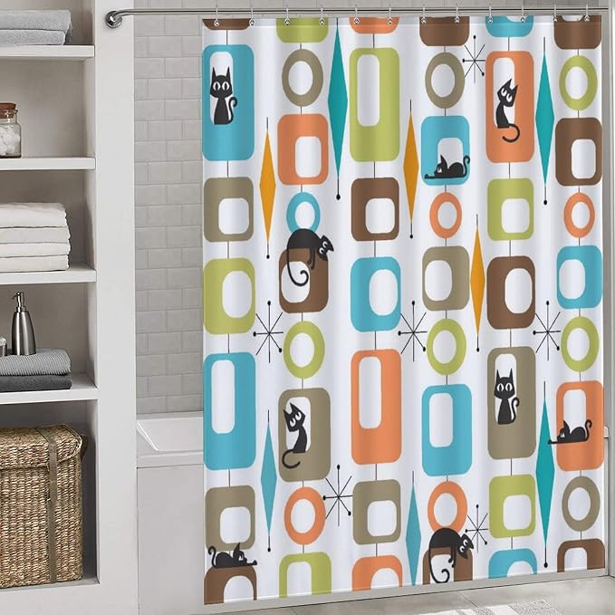 Mid Century Modern Shower Curtain, Retro Geometric Atomic Abstract Cat Pattern Middle Century 1950s 1960s Orange Waterproof Fabric Bathroom Shower Curtain Set with Hooks, 72"x72" Inch