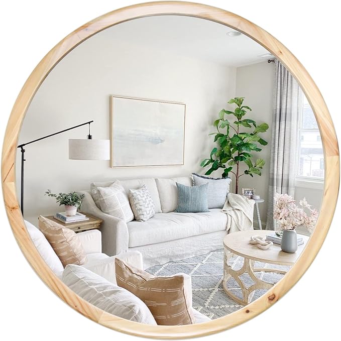 Round Wood Mirror,24 inch Circle Wooden Natural Large Farmhouse Vanity Boho Decor Wall Mirror for Bathroom Bedroom Living Room Hallway