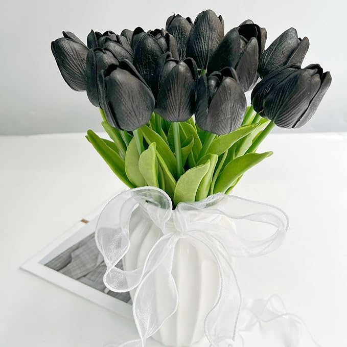 20 Pcs 13” Real Touch Black Tulips Artificial Flowers, Latex Pu Fake Faux Lifelike Flowers with Stems, for Halloween Home Decor Wedding Bouquet