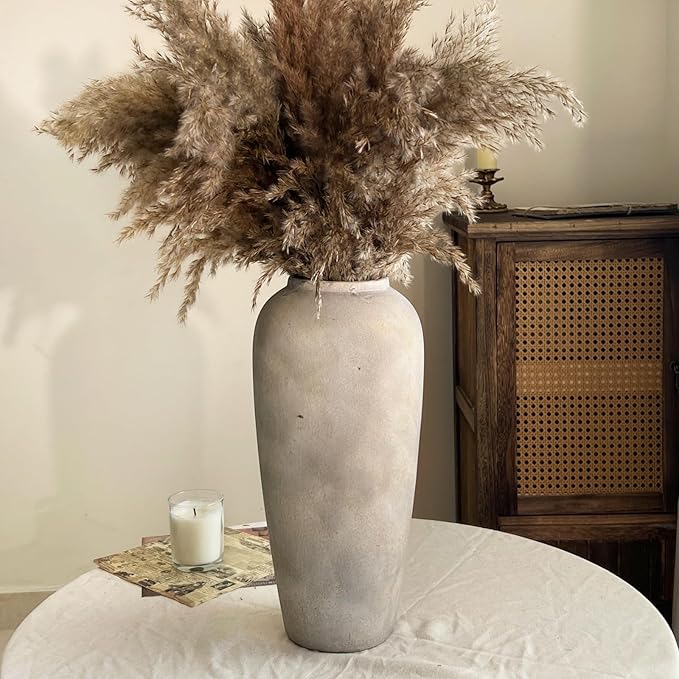15 Inch Farmhouse Ceramic Rustic Vase, White Grey Flower Vases for Centerpieces & Home Decor, Handmade Pottery Vases for Living Room, Bedroom & Wedding Decor, Vintage Ceramic Vase for Gifts