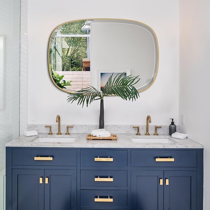 POZINO Brushed Gold Mirror, 20"x30" Brass Beveled Mirrors for Bathroom, Rounded Rectangle Mirror, Modern Vanity Wall Mirrors in Premium Stainless Steel Frame Hangs Horizontal Or Vertical