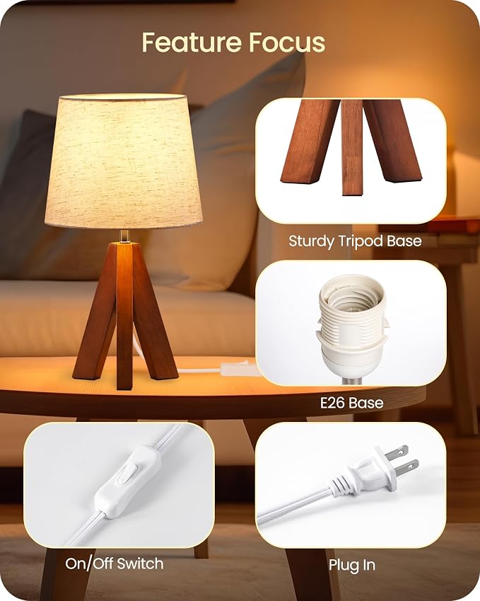 Tripod Table Lamp, 14.6 Inch Small Bedside Lamp with Beige Linen Shade, Modern Nightstand Lamp for Bedroom, Kids Room, Living Room, Nursery, Office, E26 Socket, Dark Wood Base, LE51TL05