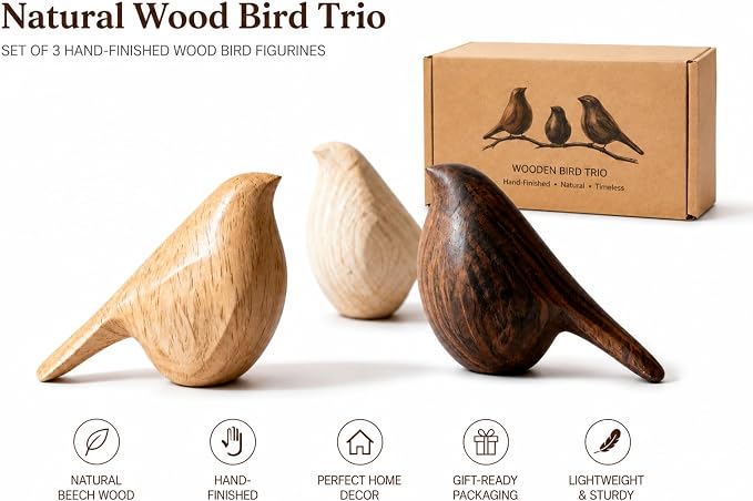 Natural Wood Bird Trio 4.1”L Set of 3 – Small Bird Sculptures & Animal Statues, Hand-Finished Modern Coffee Table Shelf Decor, Gift-Ready (3, Mixed)