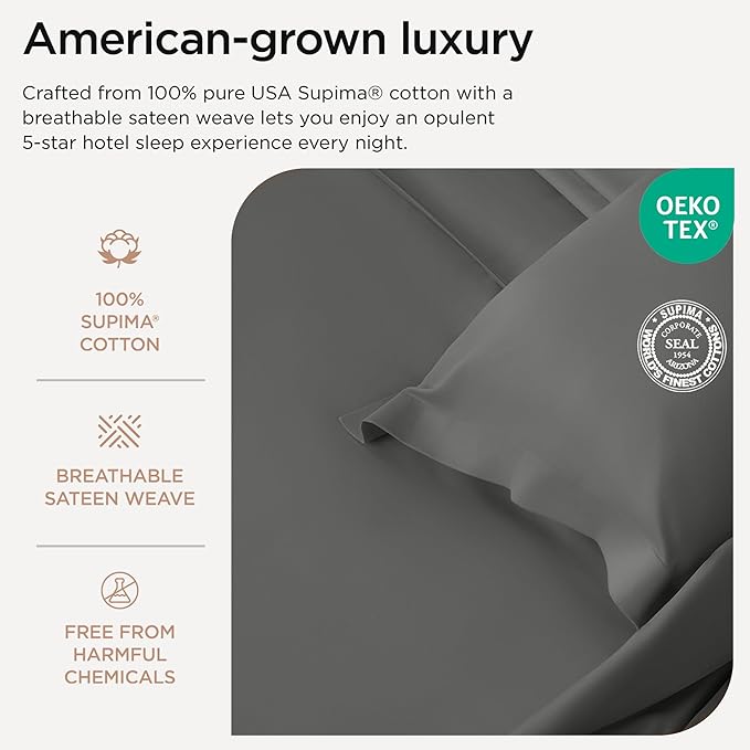 Threadmill Luxury Supima Cotton Sheets, Luxury 1200 Thread Count Soft 100% Cotton Sheets for Full Size Bed, 4 Pc Dark Grey Bed Sheets Full Set, 5-Star Hotel Quality Deep Pocket Bed Sheets Set