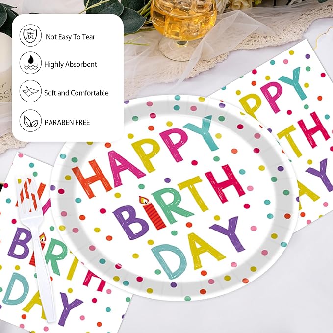 72 Pcs Birthday Plates and Napkins Party Supplies,Happy Birthday Party Plates Napkins Dots Design Tableware Set Decorations for Serves 24 (White)