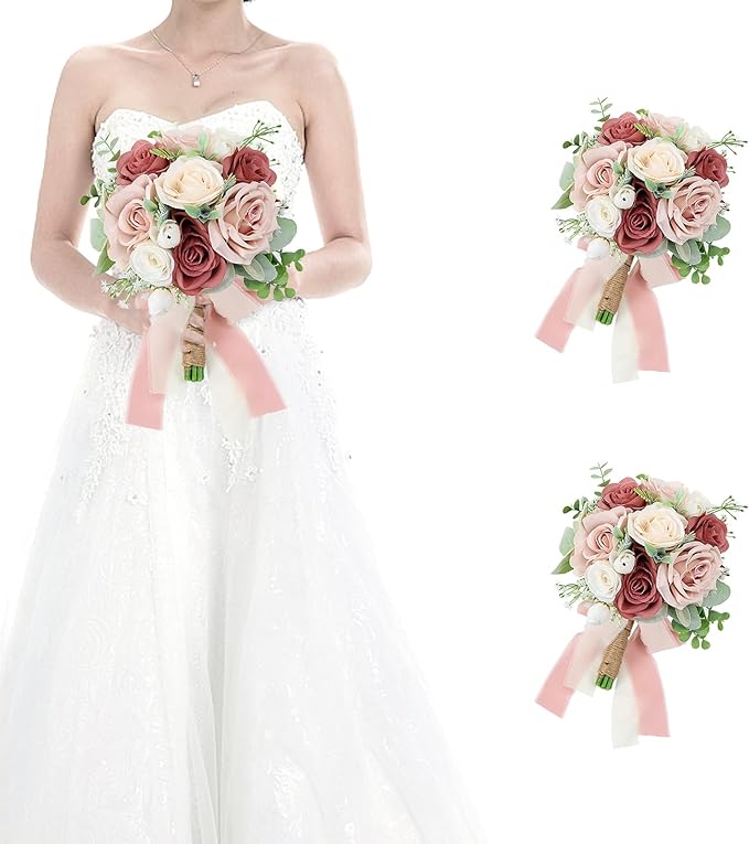 Set of 2 Bridesmaid Bouquets for Wedding - 7 Inch Artificial Flowers Bouquets for Ceremony Anniversary Centerpieces Decorations - Pink and White
