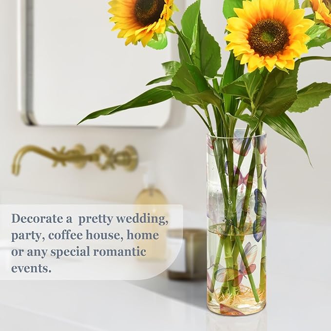 susiyo Translucent Butterflies and Flowers Acrylic Vase, Tall Plastic Vase Cylinder Vase Clear Acrylic Flower Vase for Centerpieces